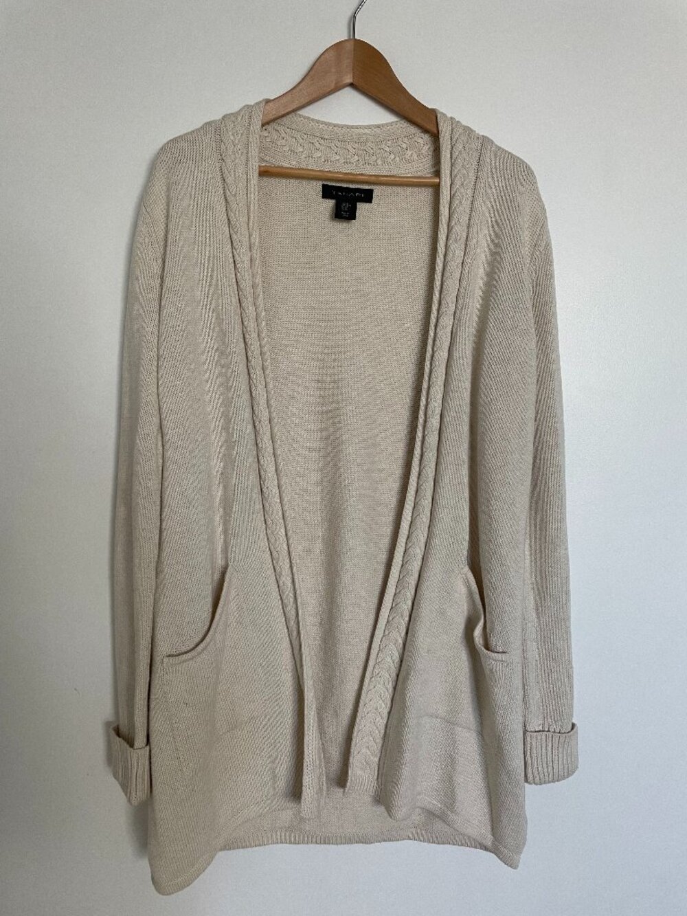 Tahari Cotton Blend Cardigan Pockets Sweeper Chic Quiet Luxury